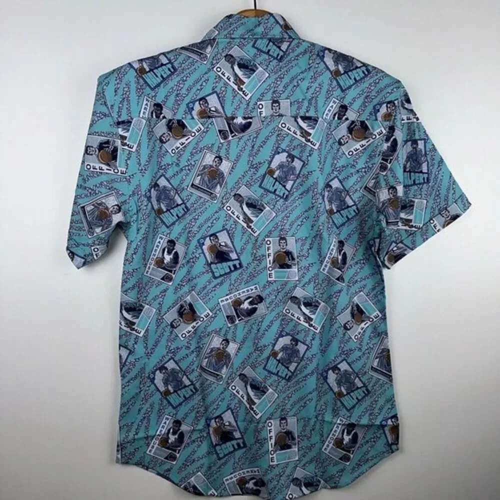 NWT RSVLTS Shirt Mens‎ S The Office Blue Short Sleeve Button Up Basketball Card